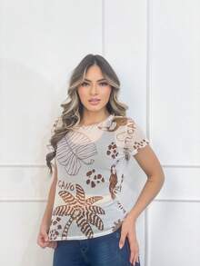 Women's Tulle Blouse, Short Sleeve Printed Blouse Tulle T-Shirt - Tucán blanco - Ver 4