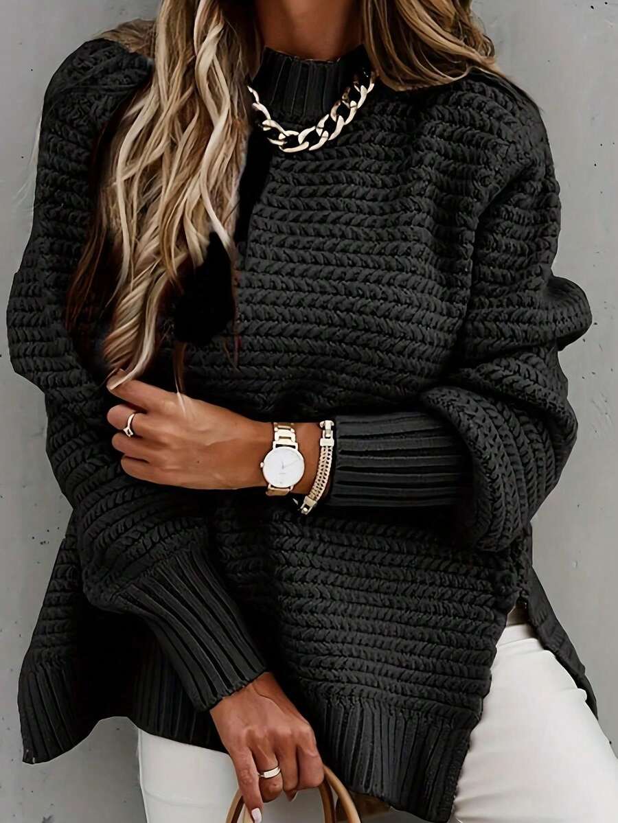 1pc Women High-Low Hem Turtleneck Long Sleeve Sweater, Elegant & Comfortable Autumn/Winter Apparel