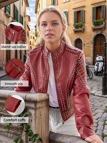 Áo khoác da giả ngắn kiểu retro có tua rua kèm thắt lưng của Giolshon dành cho nữ, màu trắng, thích hợp cho mùa Thu/Đông. - Đỏ - Xem 2