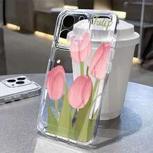 Funda para teléfono con diseño floral de tulipanes rosas, compatible con iPhone 16, 15, 14 Pro Max, 13, 12, 11, XR y XS Plus. Fabricada en silicona TPU, ofrece protección contra golpes y caídas, además de una excelente sensación al tacto. Es el regalo ideal para familiares, amigos y seres queridos. - transparente - Ver 1
