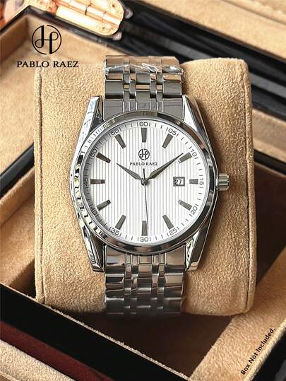 Pablo Raez 1件男士商务腕表，不锈钢材质，夏季配饰，复古原创，魅力十足，全新顶级品牌奢华Praia腕表，50米防水，简约日历显示，男士实心厚重不锈钢表链，金属链