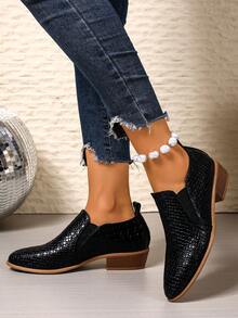 Black Pointed Toe Chunky Heel Slip-On Shoes, Asymmetrical Plaid Pattern, Versatile For Party And Daily Wear, Non-Slip, Fashionable High Heels For Women, Autumn/Winter,Shoes - Black - View 4