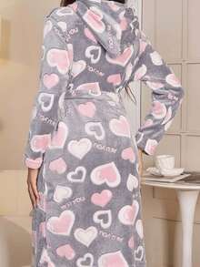 1pc Cozy Women's Winter Robe - Long Sleeve Hooded Robe With Adjustable Drawstring Waist, Heart Pattern Sleepwear In Pink/Gray, Machine Washable Lounge Gown For Home & Gifts - Multicolor - View 2