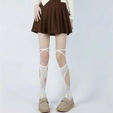 1 Pair Of Chic Women's White Lace Calf Socks With Delicate Bowknot Embellishment - Breathable Transparent Thigh High Socks, Polyester Fiber, Hand Washable - Ideal For Spring And Summer Fashion - trắng - Xem 7