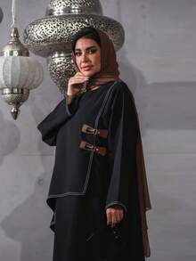 Hafizah Đầm Abaya kiểu Dubai Trung Đông với gấu xếp ly và cúc da, màu đen, thích hợp cho mùa xuân. - màu đen - Xem 2
