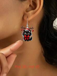Boucles d'oreilles pendantes de chat noir de Noël 2D, design avec éclairage coloré et nœud, sans alimentation électrique, impression acrylique plate recto-verso, boucles d'oreilles de Noël légères et mignonnes en dessin animé, cadeau parfait pour Halloween, Thanksgiving et Noël pour les filles et les femmes, accessoire de mode adorable pour toute occasion