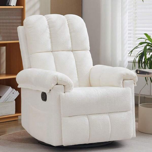 Recliner Chair, Swivel Rocker Recliner Chair Adults, Small Recliners Small Spaces, Upholstered Manual Recliner With Side Pockets, Nursery Rocking Chair Living Room, Chenille, Beige