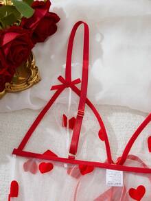2pcs Women's Sexy Floral Mesh Robe Set, Front Tie Bow Decor Lingerie Set, For Christmas - Red - View 6