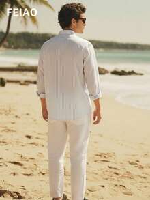 Men American Retro Casual Old Money Style Striped Solid Color Long Sleeve Shirt Four Seasons Versatile Fashionable, Fall