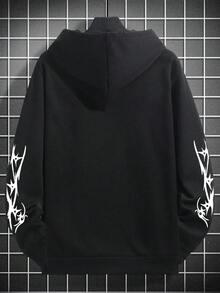 Krometka 男士连帽衫，秋冬新款，英文标语和图案印花套头卫衣 - 黑色 - 查看 4