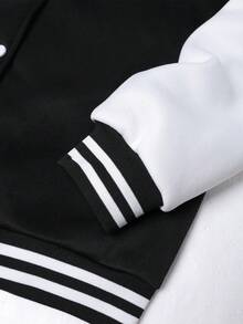 Warner Bros LILL, Autumn And Winter Women's Bat Girl Pattern Baseball Jacket Top, Slightly Elastic Thermal Lined Button Placket Black And White Spliced ​​Baseball Jacket, Street Style Back To School Season Jacket