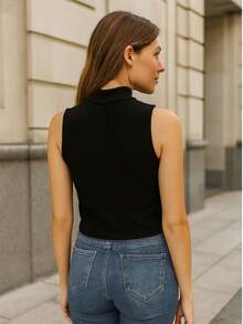Blusa sin manga, acanalada, top de mujer, cuello alto, tejida, fresca, ligera - Negro - Ver 2