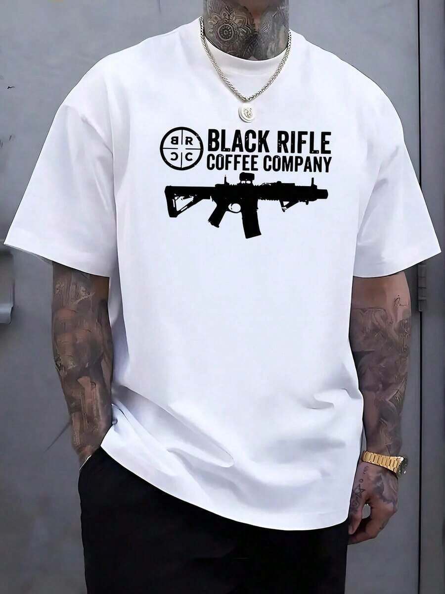 Men's Casual Graphic T-Shirt - BLACK RIFLE COFFEE COMPANY Print, Soft Breathable Summer Tee, Regular Fit Round Neck, White With Black Rifle Design, Hand Wash Only, Gun T Shirt, Everyday Tee, Minimalist Design, Comfortable Material, Print Tee, Streetwear Lovers - 白色 - 查看 1