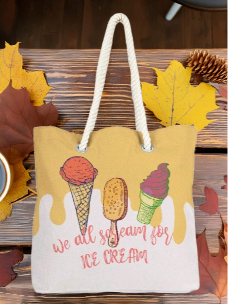 This Summer's Must-Have Bag! – Rope Handle Shoulder Bag | 40x40 Cm | Print | Made In Turkey - Camel - View 1