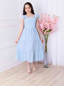 Children's And Youth Long Dress 3 Marias With Ruffles For Parties Printed Evangelical Fashion Crepe (Vinf416) - 淺藍色 - 查看 1