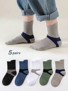 5 Pairs Kids' Colorblock Socks (Ages 3-12) - Soft And Versatile Sports Mid-Calf Socks Suitable For Older Children And Teenagers, Minimalist Style