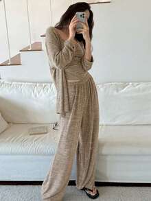 3pcs Soft Knit Fabric Robe , Camisole Top & Pants Homewear Lounge Set, Fall Winter Clothes