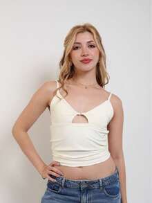 Cropped Tank Top With Plunging Neckline In Polyamide – Thin Straps And Cut-Out Detail | Sexy And Comfortable - 離開 - 查看 1