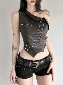 上衣 炫酷朋克不对称斜拉链设计金属扣短款上衣 - 深灰色 - 查看 2