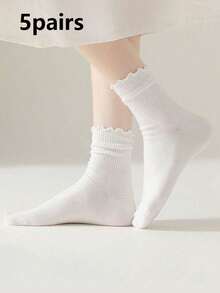 5pcs/Set Women's Frilled Hem Mid-Calf Socks, Comfortable Simple Fashion Versatile Suitable For Everyday Wear - White - View 8