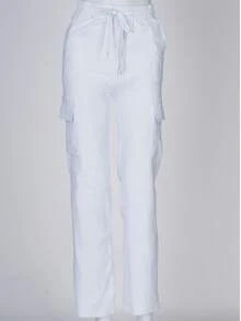 LA PRINCESA Pantalones cargo de paracaídas para muje , elásticos, cintura alta, con cordón, Y2K, casual, sueltos, estéticos, para la calle bolsillos laterales pantalones casuales con cordón Pantalones Cargo de Mujer Versátiles para Citas - Blanco - Ver 4