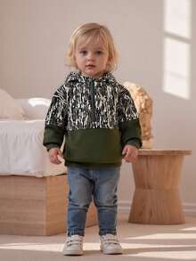 Sudadera con capucha de camuflaje para niño, sudadera de manga larga con media cremallera, jersey informal para niño pequeño - Verde - Ver 4