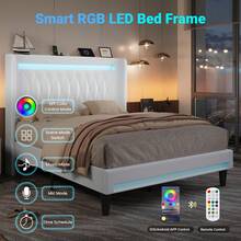 Allewie Upholstered Full/Queen/King Platform Bed Frame With LED Light And Charging Station, Button Tufted High Headboard, Wingback Design, Noise Free, Easy Assembly, No Box Spring Needed, White - Xem 2