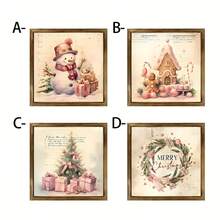 Vintage Christmas Decor: Snowman, Gingerbread House, Christmas Tree & Wreath, Pink Winter Christmas Wooden Board Art, Snowman Decor Christmas Gift, Suitable For Home, Farmhouse, Living Room, Bedroom Wall Decoration - Wood Panel Painting-square - View 1