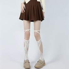 1 Pair Of Chic Women's White Lace Calf Socks With Delicate Bowknot Embellishment - Breathable Transparent Thigh High Socks, Polyester Fiber, Hand Washable - Ideal For Spring And Summer Fashion - trắng - Xem 4