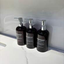 3 Stücke 500ml/16oz transparente braune bedruckte runde Schulter Nachfüllbare Flaschen mit Silberpumpköpfen, geeignet zum Nachfüllen von Duschgel, Shampoo, Conditioner, Badezimmer Aufbewahrungsflaschensatz - Braun - Übersicht 3