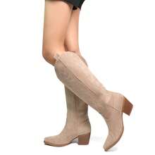 Cowboy Boots For Women Knee High Boots Pointy Toe Suede Boots With Embroidered Chunky Heel Western Boots - Màu Khaki - Xem 3