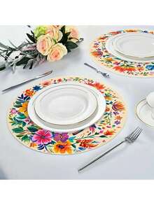 6pcs/Set Vibrant Mexican Style Floral & Hummingbird Round Placemats, 14.5 Inch Linen Material, Colorful Flower & Hummingbird Pattern - Perfect For Parties, Kitchen And Dining Room Decor, Adding Bright Colors To Your Party Table - Multicolor - View 3