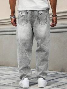 Men's Distressed Straight Leg Jeans - Grey - View 3