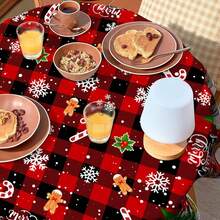 1 pieza - Mantel redondo con tema navideño, disponible en múltiples patrones. Con cabañas cubiertas de nieve, renos, muñecos de nieve, Papá Noel con regalos y elementos de copos de nieve. Hecho de poliéster, perfecto para decorar mesas de comedor y crear un ambiente festivo navideño.