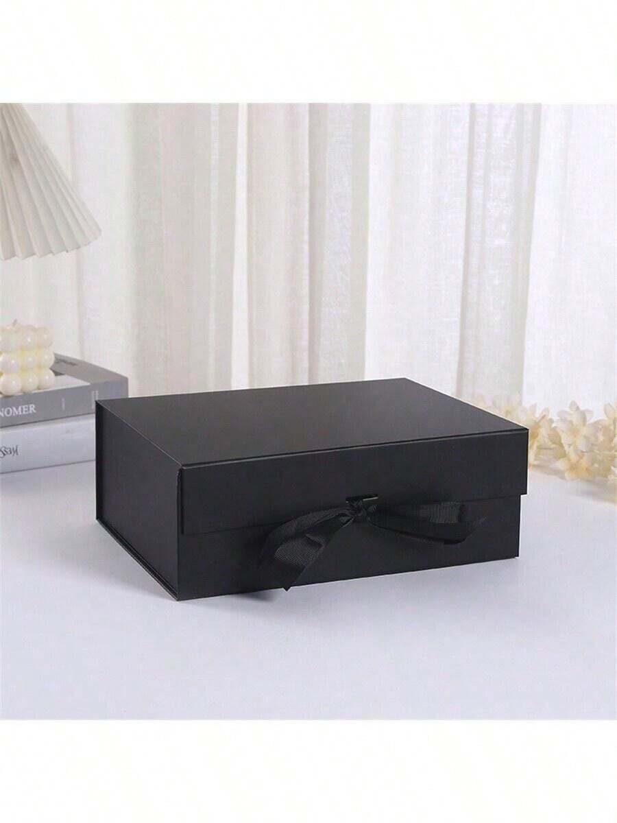 1pc Ribbon Gift Packaging Box, Folding Gift Box With Bow, Birthday Gift, Hard Box One-Piece Style Cosmetic Gift Box, Holiday Gift Packaging Box - Black - View 1