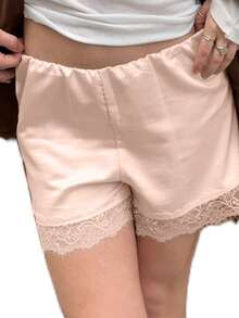 Women's Lace Trim Satin Y2K Shiny Elastic Waist Silk Slip Mini Shorts Lace French - 粉色 - 查看 2