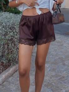 Women's Lace Trim Satin Y2K Shiny Elastic Waist Silk Slip Mini Shorts Lace French - 咖啡色 - 查看 2