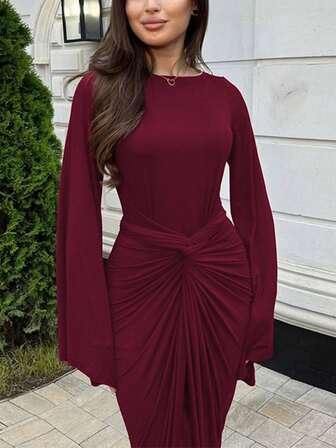 Women Solid Flare Sleeve Knot Dress Female Sexy Fashion Elegant Skinny Long Dress Summer Women Street Wear Evening Club Prom Clothes