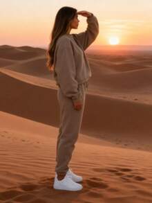 Women's Autumn And Winter Two-Piece Suit, Solid Color Simple Sweatshirt And Sweatpants, Sports Casual Style Suitable For Home, Travel, Sports, Etc. - 米色 - 查看 2