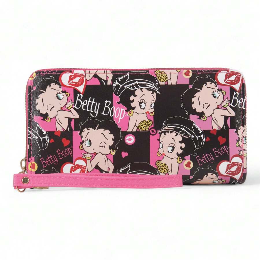 Women's Wristlet Zip-Around Wallet – 3-Layer Double Zipper Clutch With Removable Strap, Cartoon Print Organizer, Large Capacity, Travel-Friendly Purse For Cards, Cash, Phone - 經典卡通 - 查看 1