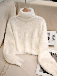 Women's Autumn And Winter New Fashion Short White Turtleneck Bottoming Shirt Simple Versatile Furry Woolen Knitted Pullover Tops - White - View 3