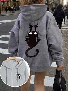 Cute Cat Pattern Printed Jacket, Women's Casual Hooded Jacket, Fashionable Hat Rope Hooded Jacket, Women's Comfortable Hooded Jacket, Casual Everyday Women's Jacket, Women's Clothing, Casual And Versatile,Jackets For Women,Cardigan Women,Long Sleeve Top,Long Sleeve Tops For Women,Autumn Outfits Women,Winter Clothes,Going Out Tops Women