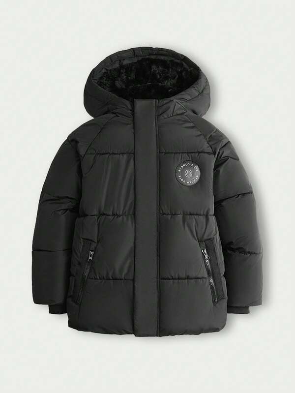 Boys' Thick Padded Coat With Hood, Zipper Front, Pockets, Casual Outerwear For Winter