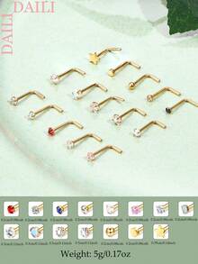 DAILI 15 件装钛金鼻钉：316L 不锈钢鼻钉，低过敏性 L 型鼻钉，男女通用，顶部镶嵌合成立方氧化锆，尺寸 20G，2mm、2.5mm、3mm - 15個L桿鼻釘套裝 - 查看 3