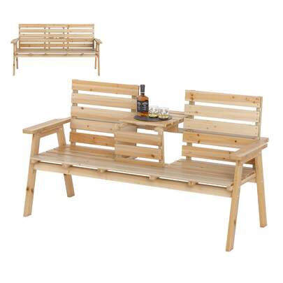 Outdoor Fir Wood Bench W/ Foldable Middle Table W/ Backrest & Armrests