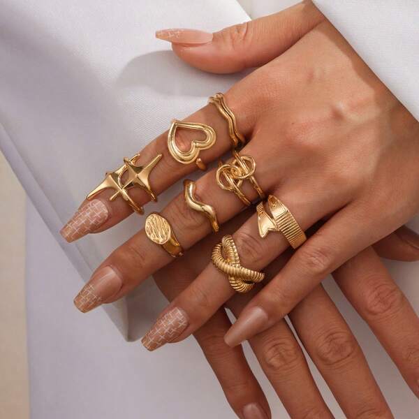 8 Stück asymmetrischer geometrischer Hohlring-Set, enthält Herz- und Schmetterlings-Offenringe für Frauen