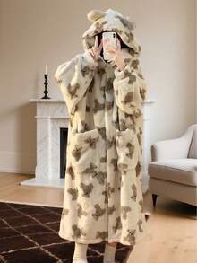 3/2/1件套小熊印花睡袍 - 舒适冬季家居服，带头套，柔软珊瑚绒睡袍，可机洗，成人款，男女通用 - 居家、电影之夜、寒冷天气的理想之选 - 可爱的熊脸图案，米色/棕褐色/白色/黑色/灰色/棕色可选，居家舒适，现代风格，趣味设计，柔软家居服，珊瑚绒面料，舒适法兰绒，万圣节和圣诞节必备，睡袍，保暖防寒，温暖冬季装饰 - 彩色 - 查看 9
