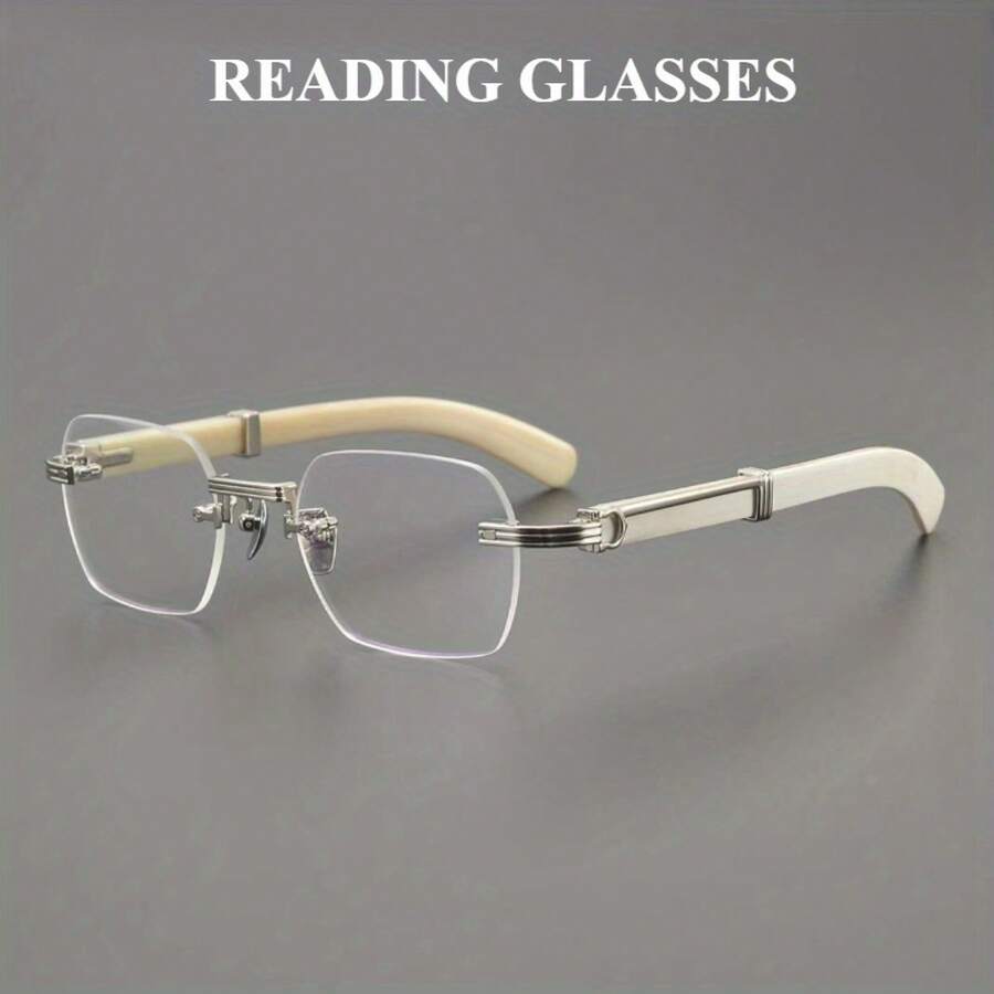 Men's Retro Square Frameless Reading Glasses With Metal Hinge-HD Lens Reading Glasses Magnifying Glass 1.0 To 4.0 Magnification, Durable Business And Office Glasses, Suitable For Daily Use, Stylish Metal Frame Design, Multi-Function Magnification, Modern Glasses, High Quality Lens, Vision Correction, Exquisite Design, Lightweight Structure, Vision Support, Adults - 金&白色 - 查看 1