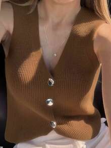Nadia Women's Fashion Vest With Button - Khaki - View 2