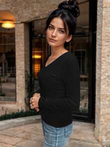 Blusa Básica RIB Ajustada de Escote V, Manga Larga  para Mujer - Negro - Ver 2